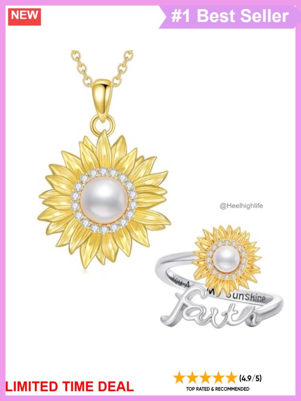 925 Sterling Silver Sunflower Necklace Yellow Gold Plated Pearl Pendant